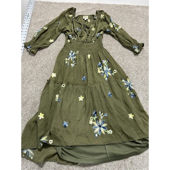 Fig & Flower Olive Embroidered Hi-Low Lined Boho Dress S - Picture 9 of 16